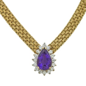 14K Yellow Gold, Pear Cut Amethyst, and Diamond Halo Collar Necklace