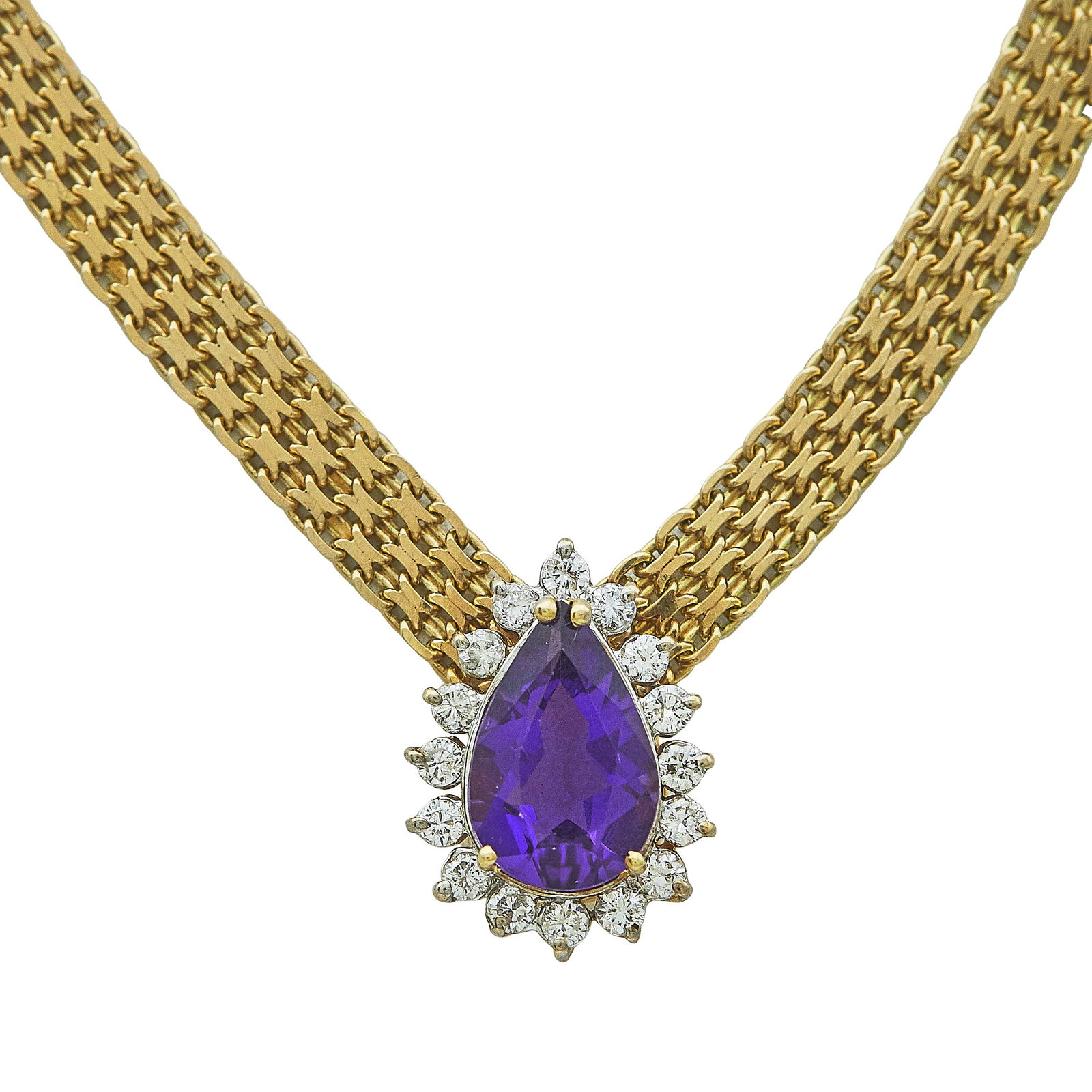 14K Yellow Gold, Pear Cut Amethyst, and Diamond Halo Collar Necklace (1 of 4)