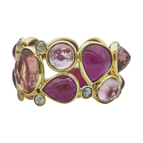 18K Yellow Gold Cabochon Ruby, Cabochon Tourmaline, and Rose Cut Diamond Stacked Band