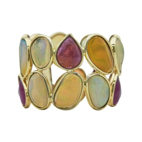 18K Yellow Gold Opal and Ruby Stacked Band Ring