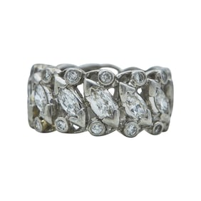 18K White Gold, Marquise Cut and Round Brilliant Cut Diamond Band Ring