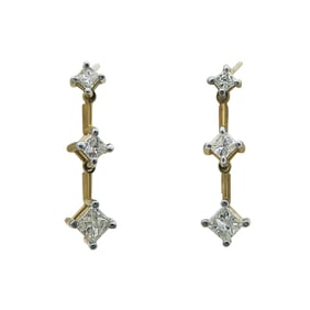 14K Yellow Gold and Three Stone Diamond Drop Earrings