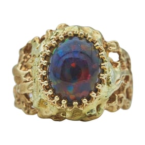 Brutalist  Textured 14K Yellow Gold and Opal Ring