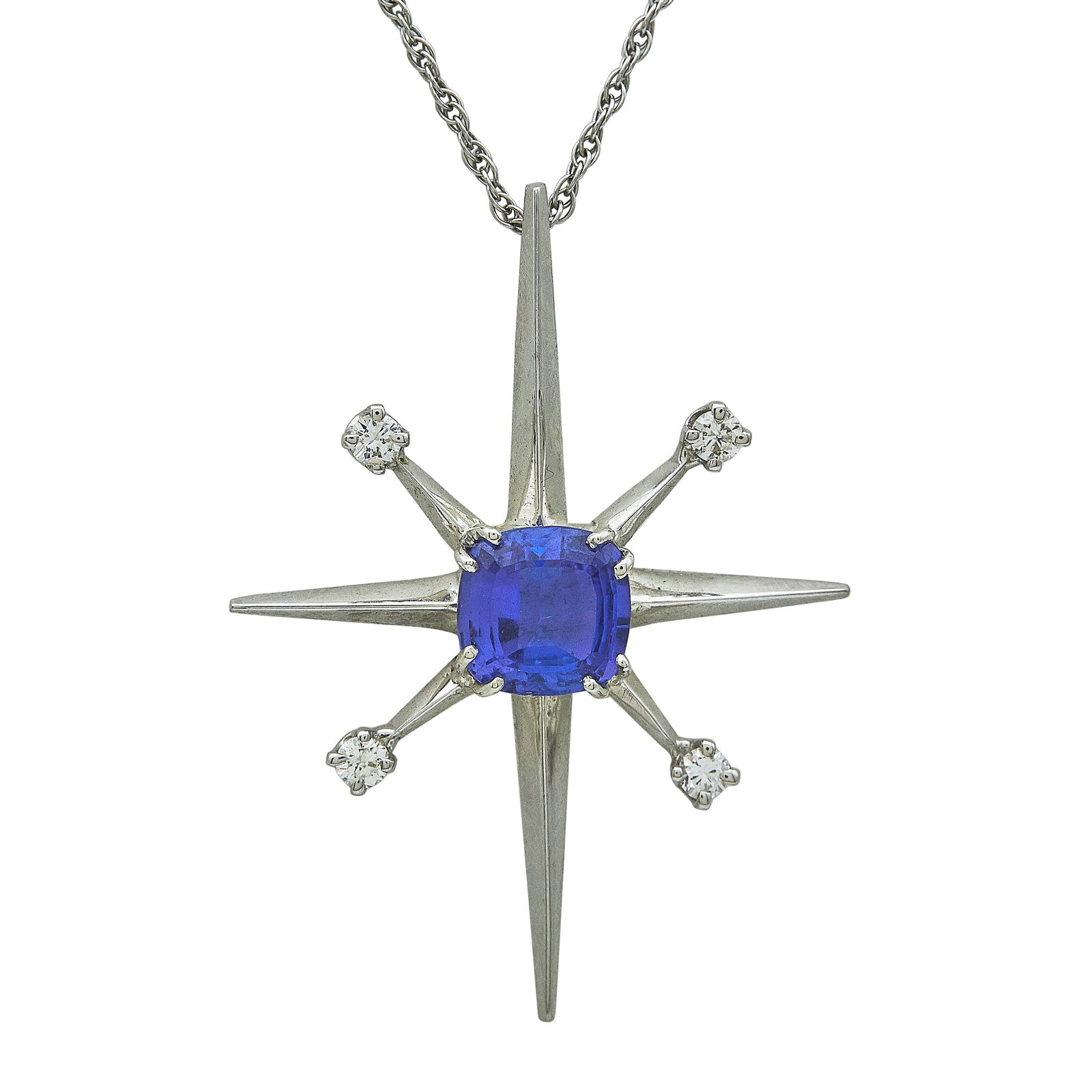 14K White Gold Tanzanite and Diamond Star Cross Pendant Necklace: METAL: 14K White Gold; GEMSTONES: Tanzanite approx. 8.12mm x 8.21mm; STAMPED: Pendant marked 14K; Chain marked LFC, 14K; CONDITION: Pre-owned, Good; ITEM WEIGHT (GRAMS): 4.83 g; MEASUREMENTS: Chain 16