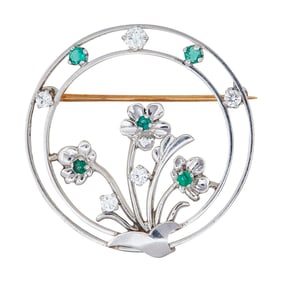 Platinum, Gold, Emerald, and Diamond Circle Flower Pin Brooch