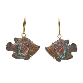 14K Yellow Gold Carved Boulder Opal Fish Earrings
