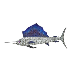Platinum and 18K White Gold Diamond, Enamel and Ruby Sailfish Brooch