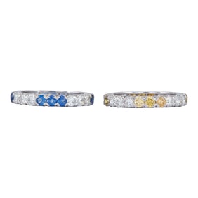 Platinum Sapphire, Colorless and Yellow Diamond Eternity Band Set