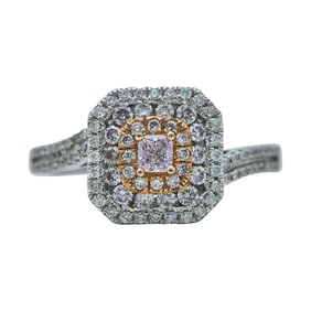 14K White and Rose Gold Colorless and Pink Diamond Three Row Halo Ring