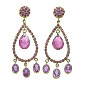 18K Yellow Gold Pink Sapphire and Briolette-Cut Pink Tourmaline Chandelier Earrings