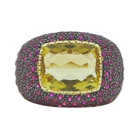 18K Yellow Gold Cushion-Cut Heliodor and Ruby Dome Ring