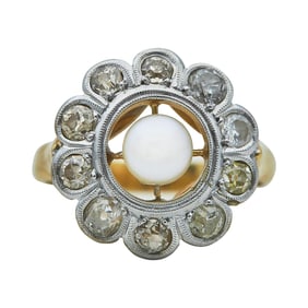 Platinum topped 18K Yellow Gold Diamond and Pearl Openwork Cluster Ring