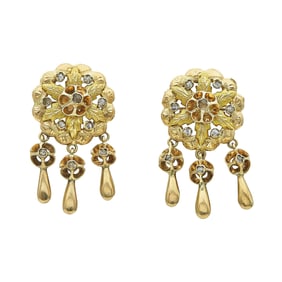 18K Yellow Gold and Rose Cut Diamond Flower Tassel Earrings