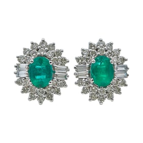 18K White Gold, Emerald, and Diamond Halo Earrings