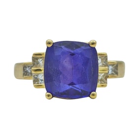 14K Yellow Gold Cushion Cut Tanzanite and Diamond Ring