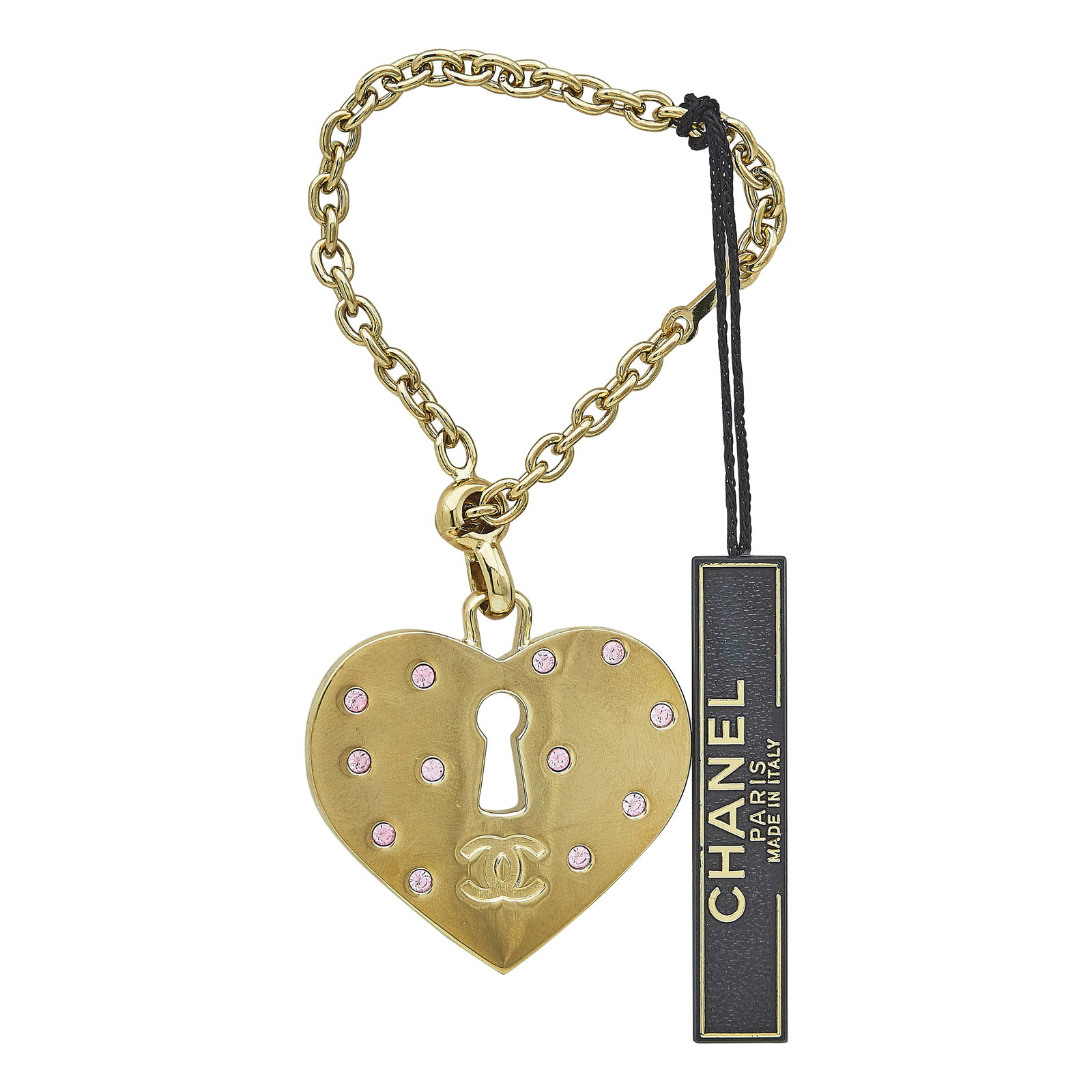 Chanel Base Metal and Pink Glass Heart Padlock Pendant Keychain (1 of 2)