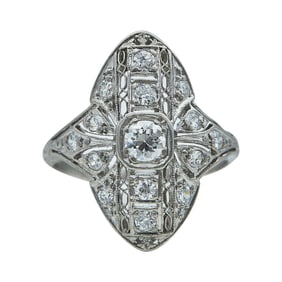 Art Deco Platinum and Diamond Marquise Shaped Plaque Ring