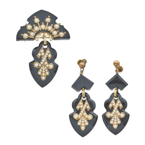 Antique Victorian 14K Yellow Gold, Carved Onyx, and Seed Pearl Brooch & Earring Suite