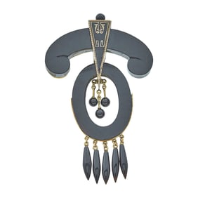 Antique Victorian 14K Yellow Gold, Onyx, and Black Enamel Brooch Pin