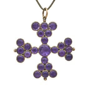 Antique Victorian 14K Yellow and Rose Gold Amethyst Maltese Cross Pendant Necklace