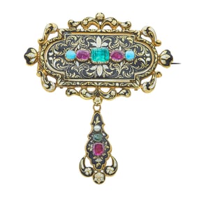 Antique 18K Yellow Gold Black and White Swiss Enamel Multi-Gem Set Brooch