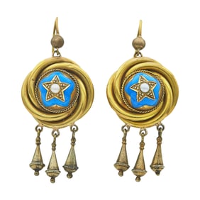 Antique Victorian 14K Yellow Gold, Blue Enamel, and Pearl Pendant Earrings with Tassel Drops