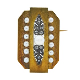 Antique French Silver Topped 18K Yellow Gold, Pearl, and Rose Cut Diamond Shield Shaped Brooch Pin
