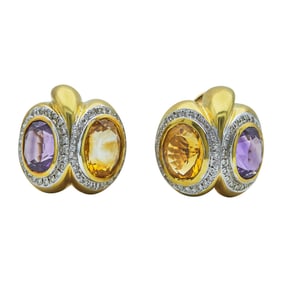 18K Yellow and White Gold, Amethyst, Citrine, and Diamond Earrings