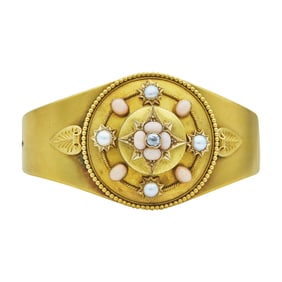 Antique Victorian 14K Yellow Gold, Angelskin Coral, Pearl, and Diamond Set Bula Bangle Bracelet