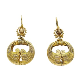 Antique Victorian Etruscan Revival 14K Yellow Gold Pendant Earrings With Granulated and Ropework
