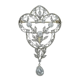Edwardian Style 14K White Gold and Diamond Shield Shaped Openwork Floral Brooch Pendant