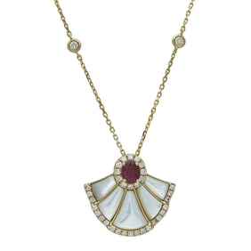 14K Yellow Gold, Ruby, Mother-of-Pearl, and Diamond Lotus Pendant Necklace