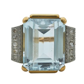 Retro 18K Yellow White Gold, Aquamarine, and Diamond Cocktail Ring