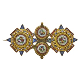 Antique Victorian 14K Yellow Gold and Micromosaic Bar Brooch Pin