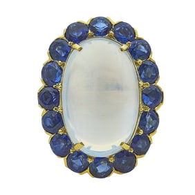 18K Yellow Gold Moonstone and Sapphire Oval Cluster Ring