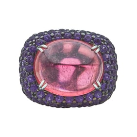 18K White Gold Rubellite Tourmaline and Purple Sapphire Cluster Cocktail Ring