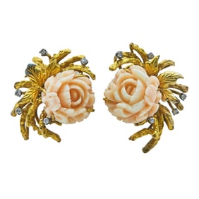 14K Yellow Gold, Carved Angelskin Coral, and Diamond Flower Earrings