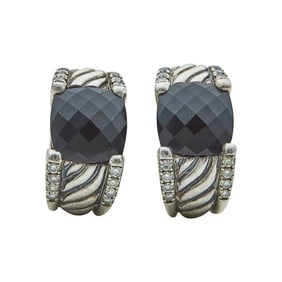 David Yurman Sterling Silver, Onyx, and Diamond Half-Hoop Earrings