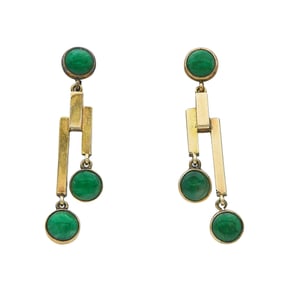 14K Yellow Gold and Jade Pendant Earrings of Architectural Design