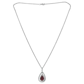 14K White Gold, Pear Cut Rubellite Tourmaline and Diamond Pendant Necklace