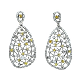 14K White Gold, Diamond, and Yellow Sapphire Pear Shaped Pendant Earrings