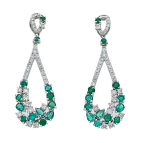 14K White Gold Emerald, and Diamond Pear Shaped Pendant Earrings