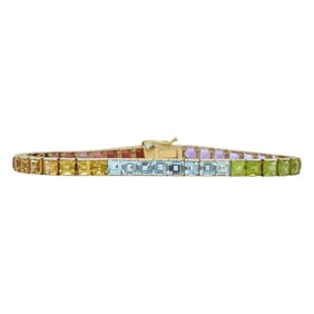 14K Yellow Gold Amethyst, Peridot, Aquamarine, Citrine, and Garnet Rainbow Line Bracelet