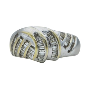 14K White Gold and Baguette Cut Diamond Bombe Ring
