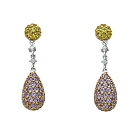 18K White Gold, Pink Sapphire, Yellow Sapphire, and Diamond Drop Earrings