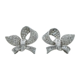 14K White Gold Round and Baguette Cut Diamond Set Bow Earrings