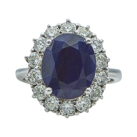 14K White Gold, Oval Cut Sapphire, and Diamond Ring