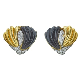 18K Yellow and White Gold, Onyx, and Diamond Leaf Earrings