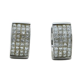 18K White Gold and Princess Cut Diamond Huggie Hoop Earrings