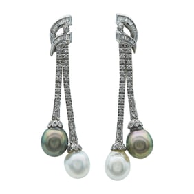 18K White Gold White Pearl, Grey Pearl, and Diamond Pendant Earrings
